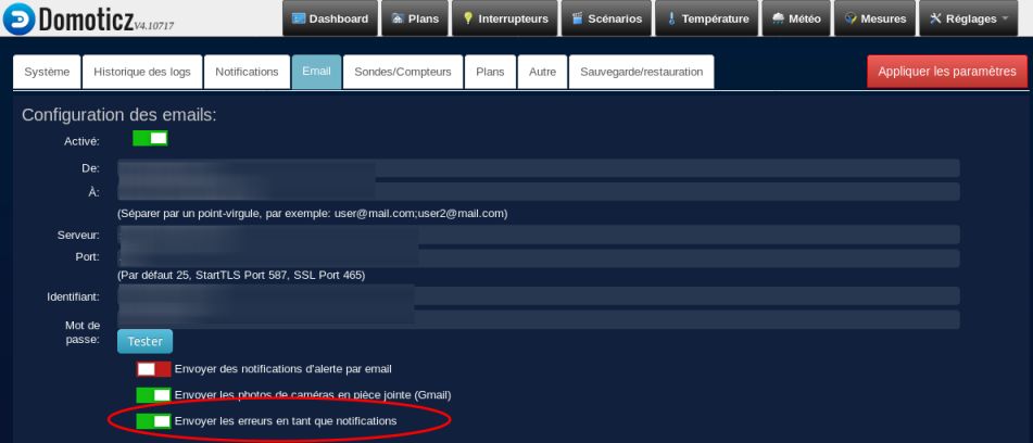 Image Domoticz: Réglagles/Paramètres/Email