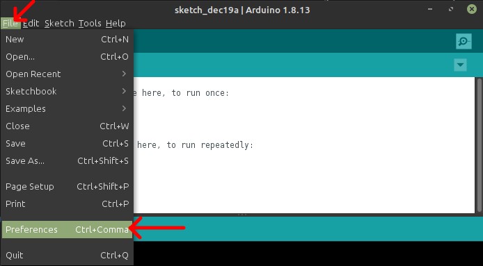 Arduion IDE File / Preferences menu selection