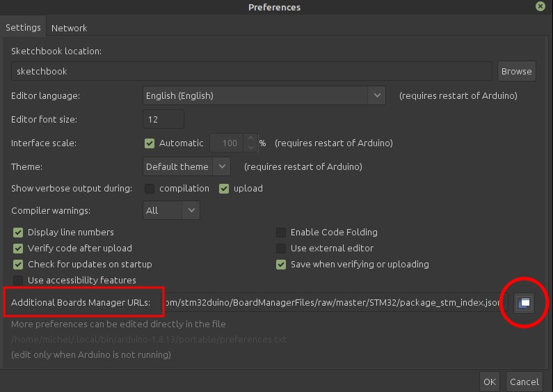 Arduino IDE Preferences window