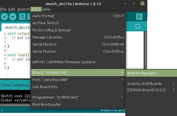 Arduino IDE Tools / Board: / Boards Manager... menu selection