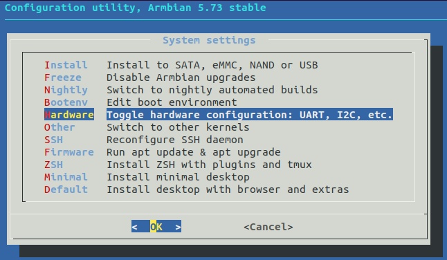 System settings screen