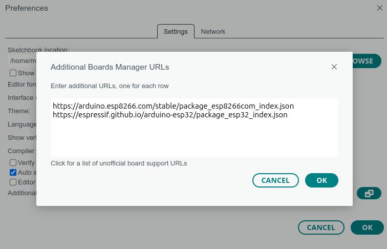 Additional Boards Manager URLs window